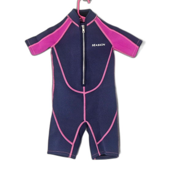 Seaskin Wetsuit Children's Size 4 Navy and Fusha Short Sleeve - Picture 1 of 5